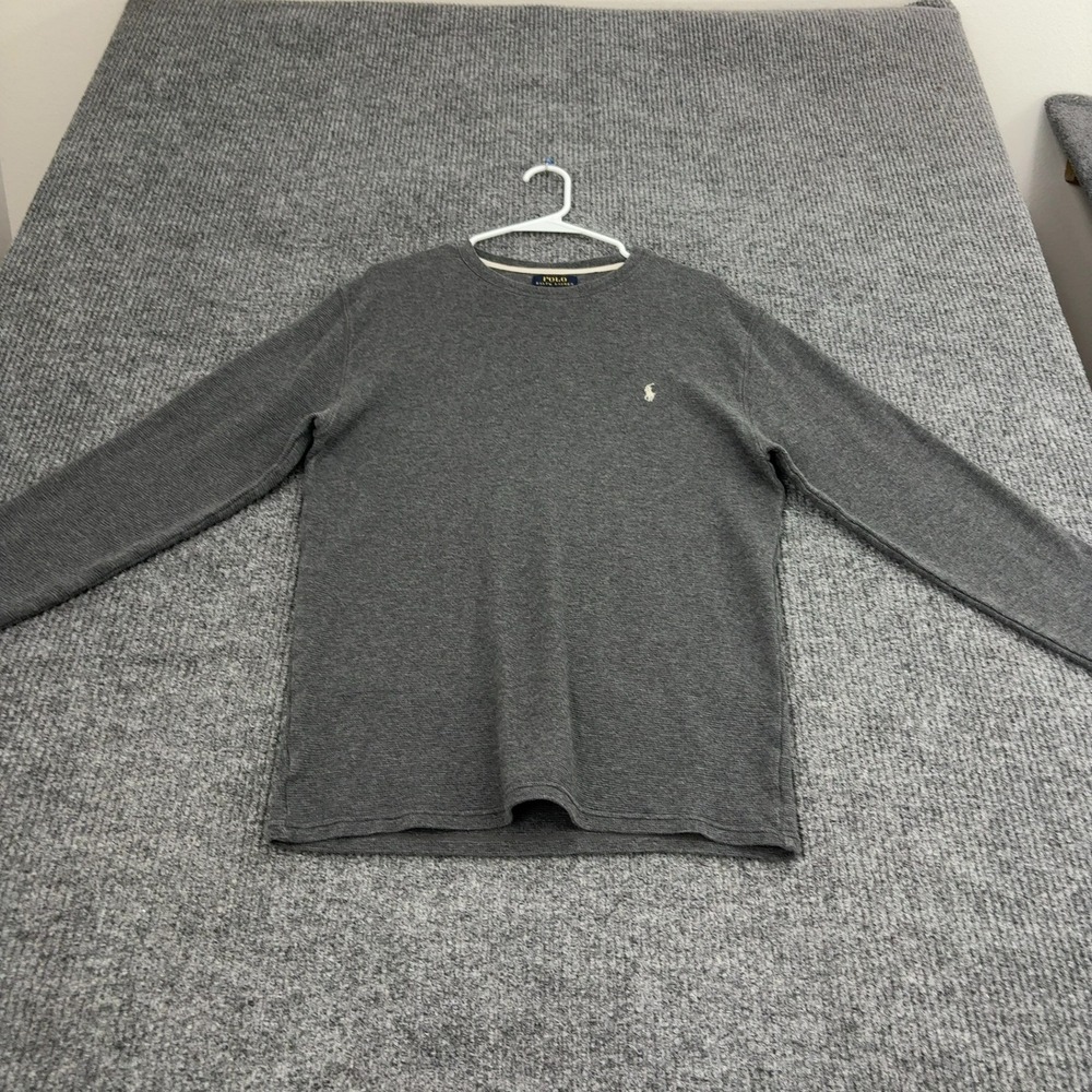 Polo Ralph Lauren Shirt Mens L Grey Cotton Waffle Knit Thermal Crewneck Casual